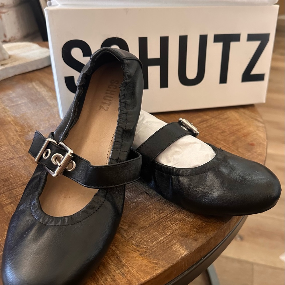 Black Ballerina Slipper w/Buckle
Worn once.  Original box and SCHUTZ bag.